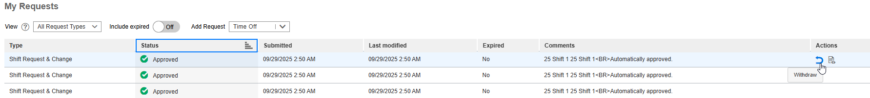 Select to withdraw a request