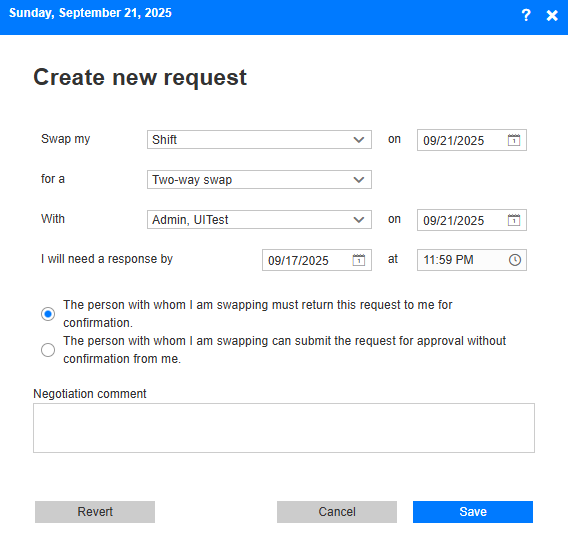 Create new request - Shift Swap