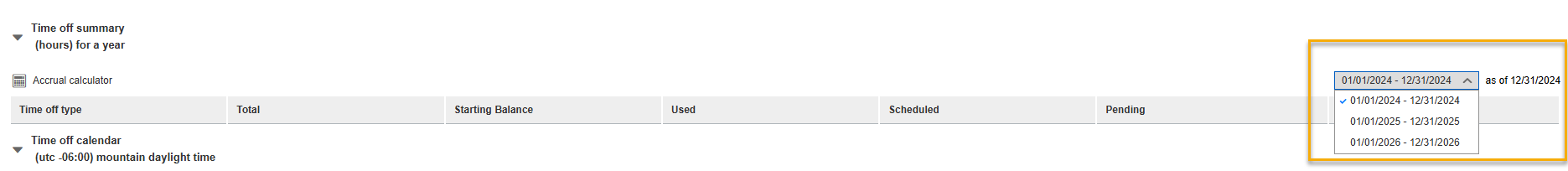 View Time Off Summary for a Different Year