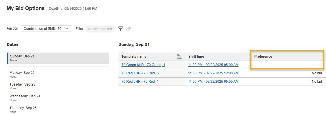 My Bid Options submitted bid updated