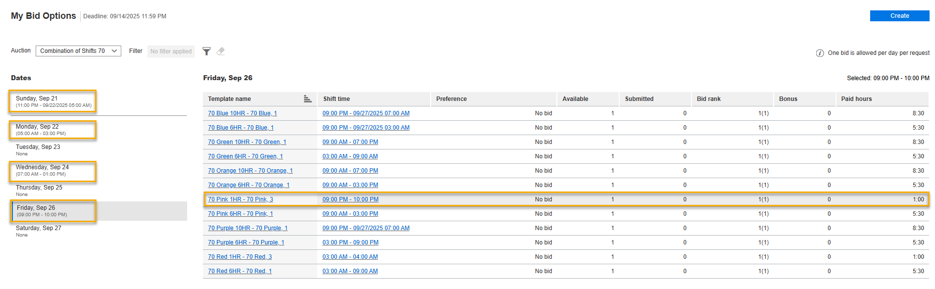 Combination of Individual Shifts Auction 