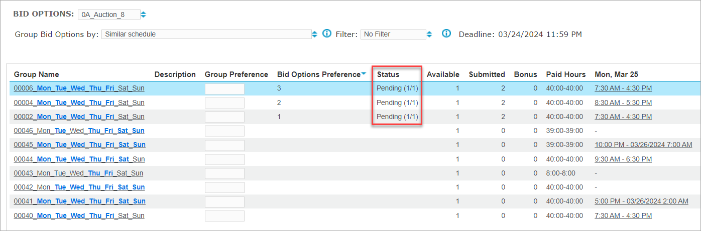 Full Schedule Period Grouped Submitted Bid Options