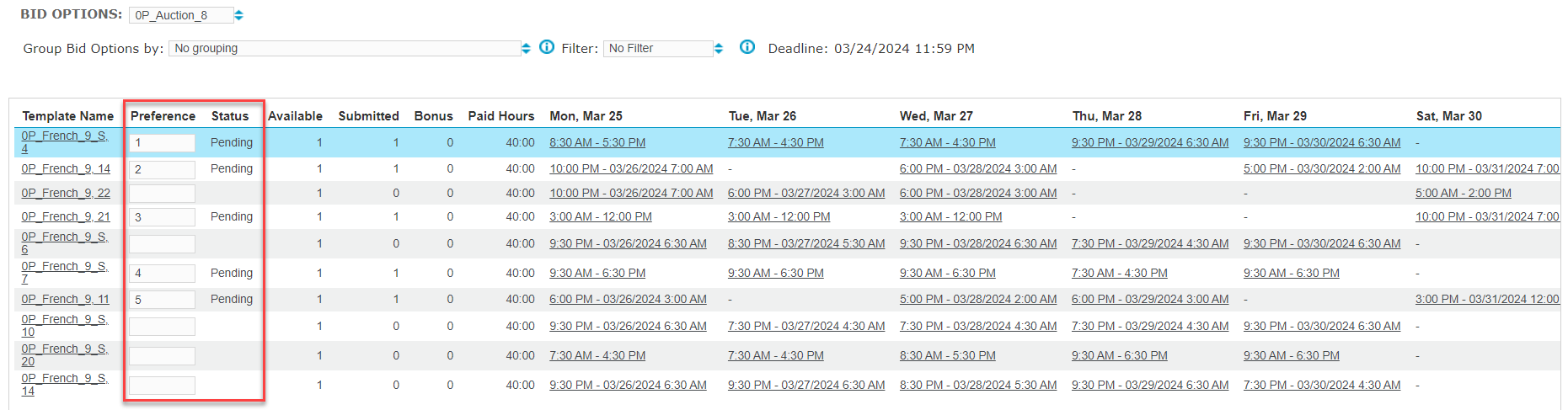 Full Schedule Period Auction for Non-Grouped Shift Bids