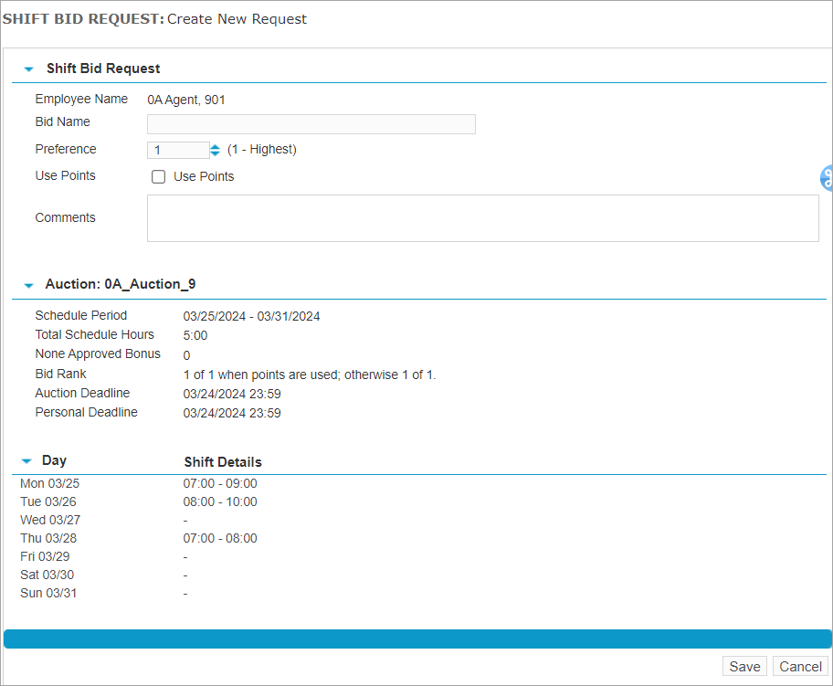 Combination of Individual Shifts - Shift Bid Request Form