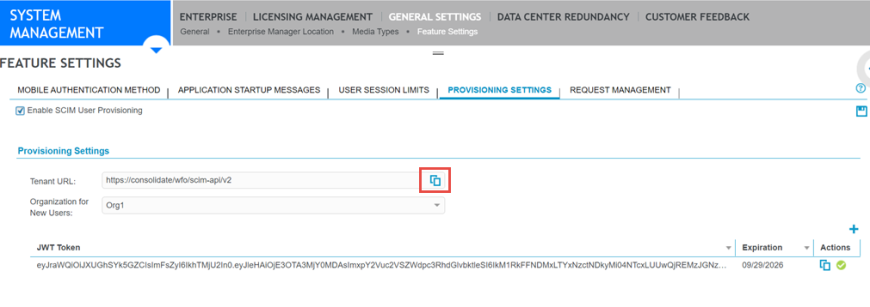 Tenant URL field of the Provisioning Settings screen